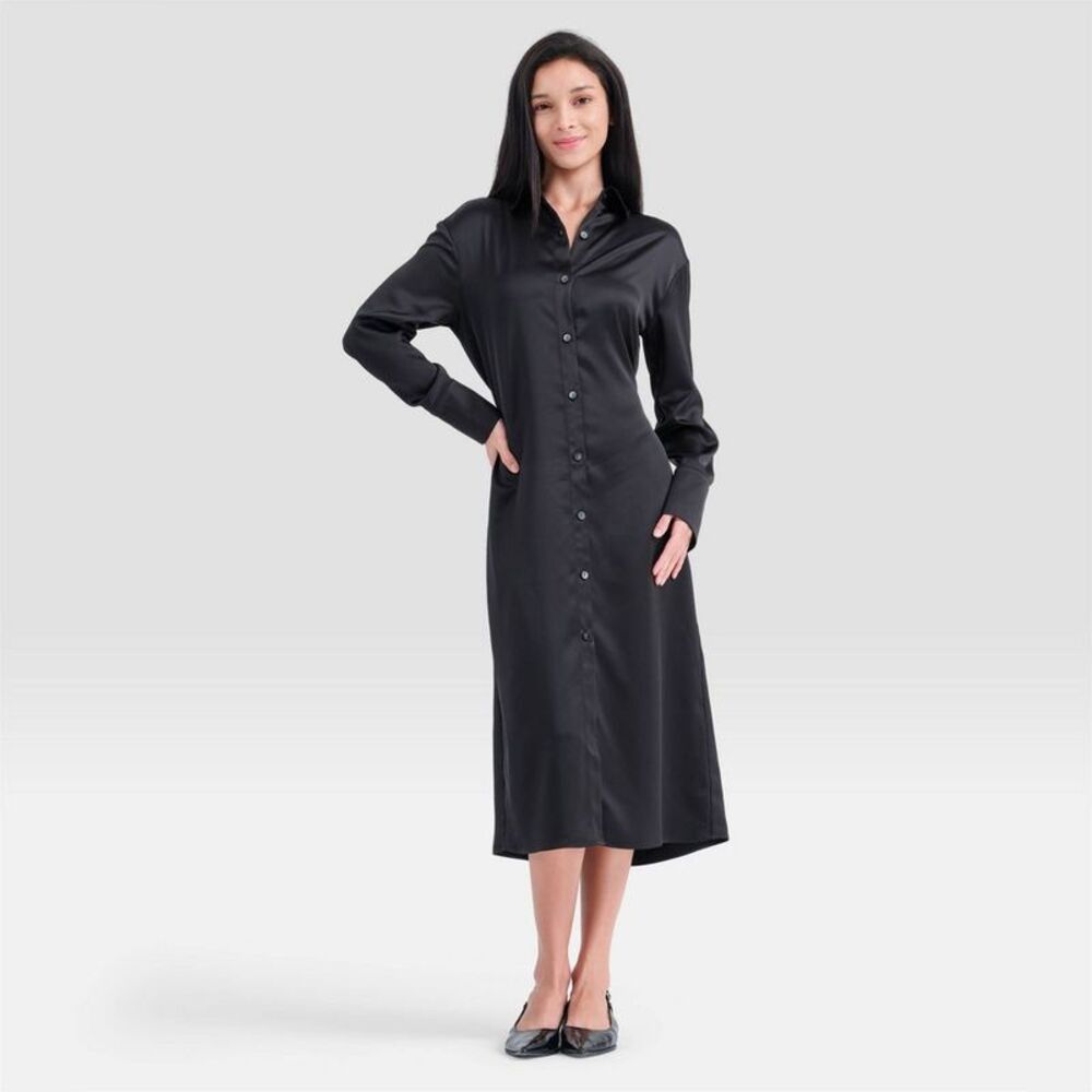 Women's Long Sleeve Tie-Waist Midi Shirtdress - A New Day Black XL